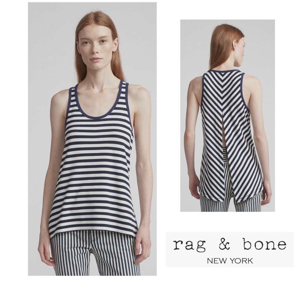 Rag & Bone Split Back Striped Tank Kat Blue & White XS